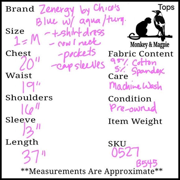 Zenergy By Chicos T-shirt Dress Blue Aqua Cowl Neck Pockets Cap Sleeves Size 1 M - Picture 10 of 10